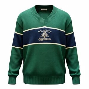 Harry Potter Hogwarts Slytherin Striped V Neck Sweater Green Oversized Preppy‎